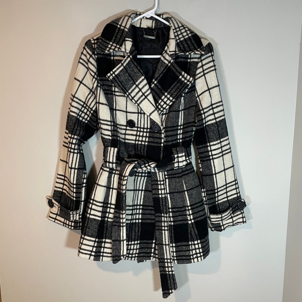 Joujou Women Y2K Black White Plaid Double Breasted Belted Pea Coat M Jacket Wool